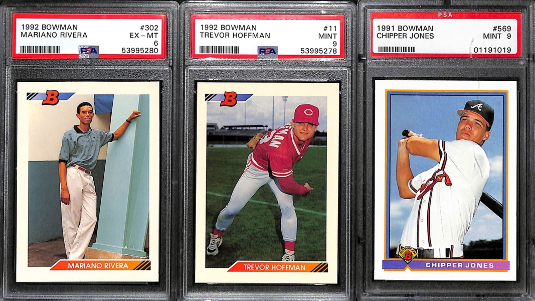 (11) PSA Graded Early 1990s Baseball Superstar and Hall of Fame Rookies- 1992 Bowman Mariano Rivera (PSA 6), 1992 Bowman Trevor Hoffman (PSA 9), 1991 Bowman Chipper Jones (PSA 9), +